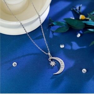 SILVER 18k White Gold Plated Cubic Zirconia Moon Star Pendant Necklace
